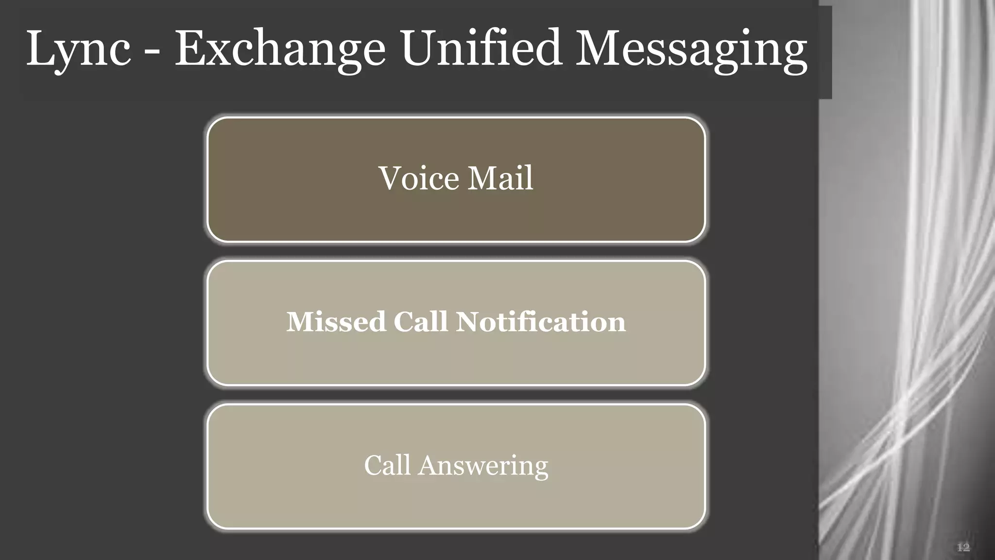 Lync - Exchange Unified Messaging




                                    12
 