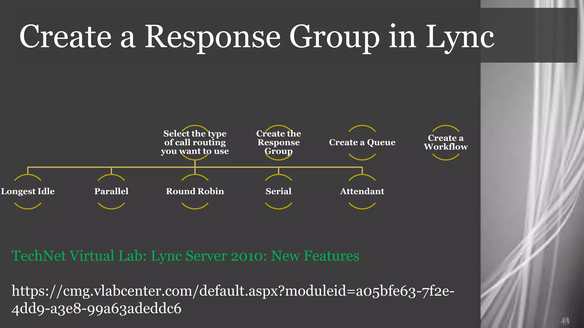 Create a Response Group in Lync




TechNet Virtual Lab: Lync Server 2010: New Features

https://cmg.vlabcenter.com/default.aspx?moduleid=a05bfe63-7f2e-
4dd9-a3e8-99a63adeddc6
                                                                  43
 