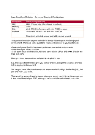 Edge, Standalone Mediation – Server and Director, Office Web Apps
Component Minimum requirements
CPU 64 bit CPU and min. 4 Core (also if virtualized)
Memory 16 GB
Disk Mind. RAID 6 Performance with min. 72GB free space
Network 1x Dual-Port network card with min. 1GBit/Sec
If teaming is activated, unique MAC address must be used
This general definition for your hardware is simply not enough if you design your
environment. There are some questions you need to answer to your customers:
- how can I guarantee the hardware performance on virtual environments
- how does Lync impact our SAN
- if we don't utilize the max user, how and can I reduce CPU's and RAM, or even the
SQL Disk I/O's
Here you stand as consultant and don't know what to say.
E.g. the supportability matrix give you a clear answer, design the server as provided
in the requirement document.
So, say you have 3 Frontend servers as recommended for High Availability (HA), but
you only run 1.000 users.
This would be a complicated answers, since you simply cannot know the answer, as
it was possible with Lync 2010, since you had more information how to calculate.
 