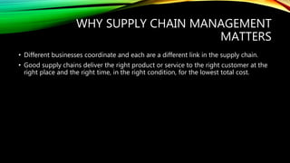 WHY SUPPLY CHAIN MANAGEMENT
MATTERS
• Different businesses coordinate and each are a different link in the supply chain.
• Good supply chains deliver the right product or service to the right customer at the
right place and the right time, in the right condition, for the lowest total cost.
 