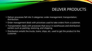 DELIVER PRODUCTS
• Deliver processes fall into 3 categories: order management, transportation,
distribution.
• Order management deals with processes used to take orders from a customer.
• Transportation deals with processes that occur in warehouses and distribution
centers such as packing, receiving, and shipping.
• Distribution entails the trucks, trains, ships, etc. used to get the product to the
customer.
 