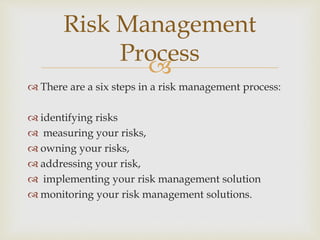 
 There are a six steps in a risk management process:
 identifying risks
 measuring your risks,
 owning your risks,
 addressing your risk,
 implementing your risk management solution
 monitoring your risk management solutions.
Risk Management
Process
 