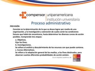Proceso administrativoPREVISIÓN	Consiste en la determinación de lo que se desea lograr por medio de una organización, y la investigación y valoración de cuales serán las condiciones futuras que habrá de encontrarse, hasta determinar los diversos cursos de acción posibles. Comprende tres etapas:	a. Objetivos. Fijar los fines.b. Investigaciones. Se refiere al análisis y descubrimiento de los recursos con que puede contarse.c. Cursos Alternativos.Se refiere a la adaptación general de los medios, a los fines destinados, para observar cuantas diferentes probabilidades de acción existen.