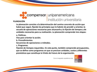 PLANEACIÓN	La planeación consiste a la determinación del camino concreto de acción que habrá que seguir, fijando los principios que lo habrán de presidir y orientar, la secuela de operaciones necesarias para alcanzarlo y la fijación de tiempos y de unidades necesarias para su realización. La planeación comprende tres etapas:	a. Políticas. Vías para orientar la acción.b. Procedimientos. Secuencias de operaciones o métodos.c. Programas.Fijación de tiempos requeridos. En este punto, también comprende presupuestos, que se define como programas en que se precisan unidades, costos y diferentes pronósticos que constituye la Visión de Futuro de la organización.