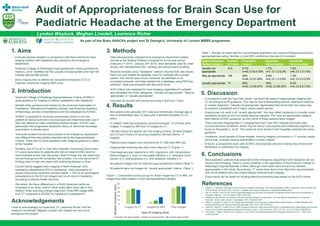 1. Aims
- Evaluate practice variation in comparison with best practice for brain
imaging children with headache who present to the emergency
department.
- American College of Radiology's Appropriateness Criteria guideline by
Hayes LL et al1 stratifies low risk (usually not appropriate) and high risk
(usually appropriate) groups
- Brain imaging here is defined as computed tomography (CT) or
magnetic resonance imaging (MRI) scan.
Audit of Appropriateness for Brain Scan Use for
Paediatric Headache at the Emergency Department
Lyndon Woytuck, Meghan Linsdell, Lawrence Richer
As part of the Brain AttACKs project and St George’s, University of London MBBS programme
3. Methods
- Data retrospectively collected from emergency department patient
records at the Stollery Children’s Hospital for a one year period
(February 1st 2014 - January 30th 2015). Best standards used for chart
review, with standardized form, training, and second party proofing.
- Records sampled using “Headache” criterion returned 635 visit results.
Each visit was treated as separate, even for multiples with a single
patient. 635 records were found, retrieved, de-identified on an
encrypted computer, and data entered into a database using REDCap
software5. Data was analysed with Microsoft Excel.
- ACR Criteria was assigned for brain imaging (regardless of contrast)
and translated into three categories: “Usually not appropriate”, “May be
appropriate” or “Usually appropriate”.
- Excluded 35 records with trauma occurring in previous 7 days
Table 1. Number of cases sent for neuroimaging acquisition and relevant findings according to
appropriateness rating. Number (n) and 95% confidence intervals (CI) included.
2. Introduction
- American College of Radiology Appropriateness Criteria (ACRAC)1
gives guidance for imaging in children (paediatric) with headache.
- Notable other guidance and reviews by the American Association of
Paediatrics, International Headache Society3 and American Academy
of Neurology are less comprehensive and encompassed by ACRAC.
- ACRAC is designed to minimise unnecessary scans in low risk
patients to reduce cost and x-ray exposure and maximizes scan use in
high risk patients to catch underlying medical causes. ACRAC uses
parameters like progressive headache history or abnormal neurologic
examination to decide score.
- This audit studied how the local practice in an emergency department
was different from the practice standard set by the Appropriateness
Criteria. There was no local paediatric brain imaging guidance in place
at this hospital.
- Similarly, Kan EY et al2 in Tuen Mun Hospital, Hong Kong found many
CT scans were done for patients who did not meet ACRAC level for
recommended scans (low risk group). Most of these low risk cases had
normal findings and the remainder had sinusitis. The only abnormal CT
findings were in high risk cases with underlying disease or fever.
- Current trends suggest brain imaging in North American (US)
emergency departments (ED) is increasing4, while prevalence of
severe intracranial conditions remains stable. 1.16% of all neurological
presentations to the ED are imaged and much more in headache,
according to Alberta Health Services.
- We asked: Are there differences in a North American centre as
compared to an Asian centre? What might affect scan rate in this
setting? Does scanning change diagnosis? Does MRI usage differ
from CT compared to ACRAC for headache in paediatrics?
4. Results
- 600 patient visits sampled; 251 male and 349 female. Average age at
time of presentation was 12 years with a standard deviation of 3.9
years.
- 41 patient visits had emergency services transport. 15 of these were
imaged, 5 imaged by MRI and 13 imaged by CT.
- 146 had history of migraine (52 met imaging criteria, 20 were imaged)
and 72 had a history of recurring headache (36 met criteria, 17
imaged).
- Patients were imaged more commonly by CT (88) than MRI (22).
- Inappropriate scanning was done more often by CT (Figure 1).
- Final diagnosis was headache in 255, migraine in 266, intracerebral
haemorrhage in 2, brain or meningeal infection in 2, neoplasm (brain
cancer) in 3, hydrocephalus in 2, and metabolic disease in 2.
- 36 patients imaged did not meet any appropriateness criteria (Table 1).
- 39 patients were not imaged for “usually appropriate” criteria. (Table 1).
Figure 1. Comparison across groups for those imaged by CT or MRI, not
imaged and total imaged in each appropriateness category
5. Discussion
- In comparison with the Tuen Mun study2, we found 36 cases of inappropriate imaging with
CT according to ACR guidance. This may be due to demanding parents, defensive medicine
or unclear diagnosis. “Usually not appropriate” appreciates that not all high risk cases may
be properly considered and it highly values expert opinion.
- Imaging was not used in all “usually appropriate”; this may reflect hesitancy to consider some
symptoms as serious and not merely atypical migraine. The “may be appropriate category”
best reflects ACRAC guidance, as only some of these patients were imaged.
- There was less inappropriate CT imaging here than Tuen Mun Hospital and each case
involved previous conditions, which may be due to local practice and individual judgment, as
found by Prevedello L, et al6. This would be more similar if both hospitals instituted the same
guidance.
- Limitations: small sample of those imaged, missing imaging conclusions in 17 records, single
centre bias, possible missing examination or history details
- In future: a prospective study with ACRAC and physician decision making may reveal more
adherence or justification for imaging.
6. Conclusions
- Most paediatric patients that presented to the emergency department with headache did not
receive neuroimaging. There is some variability in the application of the American College of
Radiology’s Appropriateness Criteria, although most cases were found to be handled
appropriately in this study. Accordingly, CT scans were done more often than recommended
and not all patients who met criteria always received brain imaging.
- Future study will be based on eliciting effective screening tools based on the ACR criteria
References
1. Hayes LL, Coley BD, Karmazyn B et al. American College of Radiology. ACR Appropriateness Criteria. Headache—child. Reston (VA):
ACR [Internet]. 2012[cited 2015 Jun 25]; 8. Available from: https://acsearch.acr.org/docs/69439/Narrative/
2. Kan EY, Wong IY and Lau SP. Audit of Appropriateness and Outcome of Computed Tomography Brain Scanning for Headaches in
Paediatric Patients. J HK Coll Radiol. 2005; 8:202-206.
3. Headache Classification Committee of the International Headache Society (IHS). The International Classification of Headache
Disorders. 3rd ed. (beta version). Cephalalgia. 2013; 33(9) 629–808.
4. Gilbert J, Johnson K, Larkin G, at al. Atraumatic headache in US emergency departments: recent trends in CT/MRI utilisation and
factors associated with severe intracranial pathology. EMJ. 2012; 29(7):576-581.
5. Harris PA, Taylor R, Thielke R et al. (2009). Research electronic data capture (REDCap)--a metadata-driven methodology and workflow
process for providing translational research informatics support. J Biomed Inform, 42(2), 377-381. doi:10.1016/j.jbi.2008.08.010
6. Prevedello L, Raja A, Zane R, et al. Variation in use of head computed tomography by emergency physicians. Am. J. Med. 2012;
125(4):356-364.
Acknowledgements
I wish to acknowledge my supervisor, Dr. Lawrence Richer, and his
research coordinator, Meghan Linsdell, who helped me very much
throughout this project.
Appropriateness
Rating Category
Number
of Cases
Proportion
Imaged
Important
Abnormalities
Incidental
Abnormalities
Usually not
appropriate
412 9.7%
n=40, CI 9.3-10%
1.7%
n=7, CI 1.2-2.2%
1.5%
n=6, CI 1.0-1.9%
May be appropriate 156 28%
n=44, CI 27-29%
2.6%
n=4, CI 1.3-3.8%
1.3%
n=2, CI 0.0-2.5%
Usually appropriate 77 56%
n=43, CI 55-57%
30%
n=23, CI 28-32%
5.2%
n=4, CI 2.8-7.6%
0
10
20
30
40
50
Imaged by CT Imaged by MRI Total imaged
Numberofpatientvisits
Type of imaging done
Usually not appropriate May be appropriate Usually appropriate
 