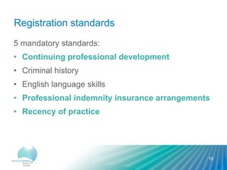 Registration standards
5 mandatory standards:
• Continuing professional development
• Criminal history
• English language skills
• Professional indemnity insurance arrangements
• Recency of practice
15
 