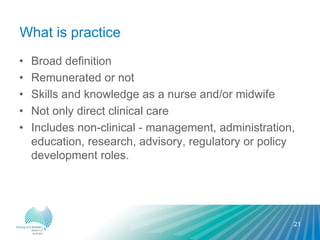 What is practice
• Broad definition
• Remunerated or not
• Skills and knowledge as a nurse and/or midwife
• Not only direct clinical care
• Includes non-clinical - management, administration,
education, research, advisory, regulatory or policy
development roles.
21
 