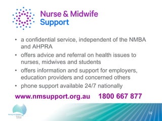32
• a confidential service, independent of the NMBA
and AHPRA
• offers advice and referral on health issues to
nurses, midwives and students
• offers information and support for employers,
education providers and concerned others
• phone support available 24/7 nationally
www.nmsupport.org.au 1800 667 877
 