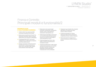 37
BUSINESS PLAN
E VALUTAZIONE D’AZIENDA
•	 Analisi “what if” per valutare gli effetti
economico-finanziari di vari scenari.
•	 Elaborazione di pianificazioni fiscali (Tax
Planning) e finanziarie, spesso richieste
dalle banche per valutazioni di affidabilità.
•	 Compatibilità (IN e OUT) con Excel e
collegamento con Word per la creazione
automatica delle relazioni.
•	 Sviluppo automatico di Piani Economici,
Patrimoniali e Finanziari partendo dai
bilanci storici aziendali e dalle variabili
eventualmente inserite dall’utente.
•	 Elaborazione dei singoli budget
funzionali: commerciale, di produzione,
acquisti, scorte, costo del lavoro,
investimenti, finanziamenti, ecc.
•	 	Determinazione dei Bilanci previsionali
con orizzonte temporale fino al quinto
esercizio successivo e del Budget di
cassa mensile fino a 3 anni.
•	 Analisi del Break Even Point, indici,
grafici e schemi di riclassificazione
completano l’analisi.
•	 Valutazione dell’azienda o delle singole
quote di partecipazione con i 6 metodi
più diffusi e avanzati: Patrimoniale,
Reddituale, Patrimoniale Misto,
Finanziario DCF, EVA, dei Multipli).
•	 Sviluppi per ogni metodo, fino a 6 ipotesi
alternative con evidenza dei valori
minimo, medio e massimo.
•	 Confronto automatico tra i diversi
metodi per determinare la valutazione
complessiva minima, media e massima.
•	 Calcolo dei premi di maggioranza o
sconti di minoranza in caso di cessioni
parziali.
Finanza e Controllo:
Principali moduli e funzionalità/2
LYNFA Studio®
b SERVIZI PER I CLIENTI | SERVIZI EVOLUTI
	 FINANZA E CONTROLLO
 