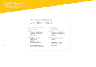 38
QUALIFICA IL SERVIZIO
DELLO STUDIO
•	 Posiziona lo Studio su
attività ad alto valore
aggiunto.
•	 Supporta i clienti
nell’accesso
al credito e nelle
analisi andamentali.
•	 Semplifica la gestione
	 di operazioni straordinarie.
AUMENTA
L’EFFICIENZA
•	 Procedura contabilità
LYNFA Studio totalmente
integrata.
•	 Acquisizione agevole
dei dati.
•	 Elaborazione rapida
e automatica delle
informazioni.
	 Finanza e Controllo:
•	 Aspetti distintivi
LYNFA Studio®
b SERVIZI PER I CLIENTI | SERVIZI EVOLUTI
	 BUSINESS INTELLIGENCE
 