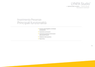 53
•	 	Accesso a dati anagrafici e contrattuali
dei dipendenti.
•	 	Inserimento nuovi assunti.
•	 	Inserimento giustificativi ed eccezioni
sulle presenze mensili.
•	 	Validazione dati di presenza.
•	 	Reportistica.
Inserimento Presenze:
Principali funzionalità
LYNFA Studio®
b SERVIZI PER I CLIENTI | SERVIZI ONLINE
	 INSERIMENTO PRESENZE
 