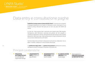 54
Data entry e consultazione paghe
Soddisfareintemporealelerichiestedatideiclienti.Consentireaipiùcompetenti
di interagire direttamente con lo Studio e di intervenire su dati e informazioni. E così
evitare le continue interruzioni del lavoro per voi. Sono solo alcuni dei benefici del
servizio.
Le cose che i clienti possono fare in autonomia sono davvero tante. Dalla semplice
interrogazione delle informazioni storicizzate alla gestione dei dati anagrafici e
contrattuali di dipendenti e azienda. Dall’inserimento dei dati di presenza alla completa
elaborazione delle buste paga. Dalla predisposizione di report all’estrazione dati per
una successiva rielaborazione su altri sistemi.
Il servizio di data entry da remoto è a disposizione anche dei tuoi collaboratori. Con un
tablet, in mobilità, in telelavoro, è come se fossero nello Studio.
La profilazione degli utenti e la gestione dei permessi garantiscono sicurezza,
riservatezza e privacy. Sei sempre tu a decidere chi può fare cosa.
•	 PROCESSI
AUTOMATIZZATI
e controllati per
risparmiare tempo
•	 INSERIMENTO
DATI presenza e
giustificativi
•	 INSERIMENTO E
GESTIONE degli
eventi tutelati
•	 ELABORAZIONE
MENSILI delle
buste paga
•	 Interrogazione e
PREDISPOSIZIONE
DI REPORTISTICA
Principali caratteristiche
LYNFA Studio®
b SERVIZI PER I CLIENTI | SERVIZI ONLINE
	 DATA ENTRY E CONSULTAZIONE PAGHE
 