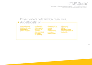 67
	 CRM - Gestione delle Relazioni con i clienti:
•	 Aspetti distintivi
GESTIONE E
CONTROLLO
DI TUTTE LE
ATTIVITÀ
CHE RUOTANO
ATTORNO
AL CLIENTE
POSSIBILITÀ DI
USARE
DEVICE
ETEROGENEI
(PC, TABLET,
SMARTPHONE)
GESTIONE
DELLE
INFORMAZIONI
ANCHE OFFLINE IN
MOBILITÀ
LYNFA Studio®
b GESTIONE E ASVILUPPO DELLO STUDIO | GESTIONE E CONTROLLO
	 CRM - GESTIONE DELLE RELAZIONI CON I CLIENTI
INTEGRAZIONE
COMPLETA CON
L’AMBIENTE
LYNFA STUDIO®
 