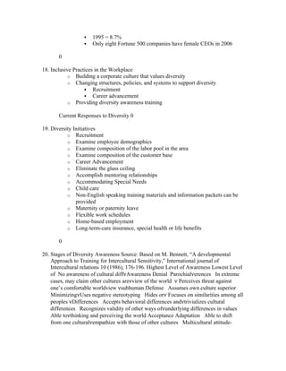    1995 = 8.7%
                     Only eight Fortune 500 companies have female CEOs in 2006

       0

18. Inclusive Practices in the Workplace
            o Building a corporate culture that values diversity
            o Changing structures, policies, and systems to support diversity
                    Recruitment
                    Career advancement
            o Providing diversity awareness training

       Current Responses to Diversity 0

19. Diversity Initiatives
           o Recruitment
           o Examine employee demographics
           o Examine composition of the labor pool in the area
           o Examine composition of the customer base
           o Career Advancement
           o Eliminate the glass ceiling
           o Accomplish mentoring relationships
           o Accommodating Special Needs
           o Child care
           o Non-English speaking training materials and information packets can be
               provided
           o Maternity or paternity leave
           o Flexible work schedules
           o Home-based employment
           o Long-term-care insurance, special health or life benefits

       0

20. Stages of Diversity Awareness Source: Based on M. Bennett, “A developmental
    Approach to Training for Intercultural Sensitivity,” International journal of
    Intercultural relations 10 (1986), 176-196. Highest Level of Awareness Lowest Level
    of No awareness of cultural diffνAwareness Denial Parochialνerences In extreme
    cases, may claim other cultures areνview of the world ν Perceives threat against
    one’s comfortable worldview νsubhuman Defense Assumes own culture superior
    MinimizingνUses negative stereotyping Hides orν Focuses on similarities among all
    peoples νDifferences Accepts behavioral differences andνtrivializes cultural
    differences Recognizes validity of other ways ofνunderlying differences in values
    Able toνthinking and perceiving the world Acceptance Adaptation Able to shift
    from one culturalνempathize with those of other cultures Multicultural attitude-
 