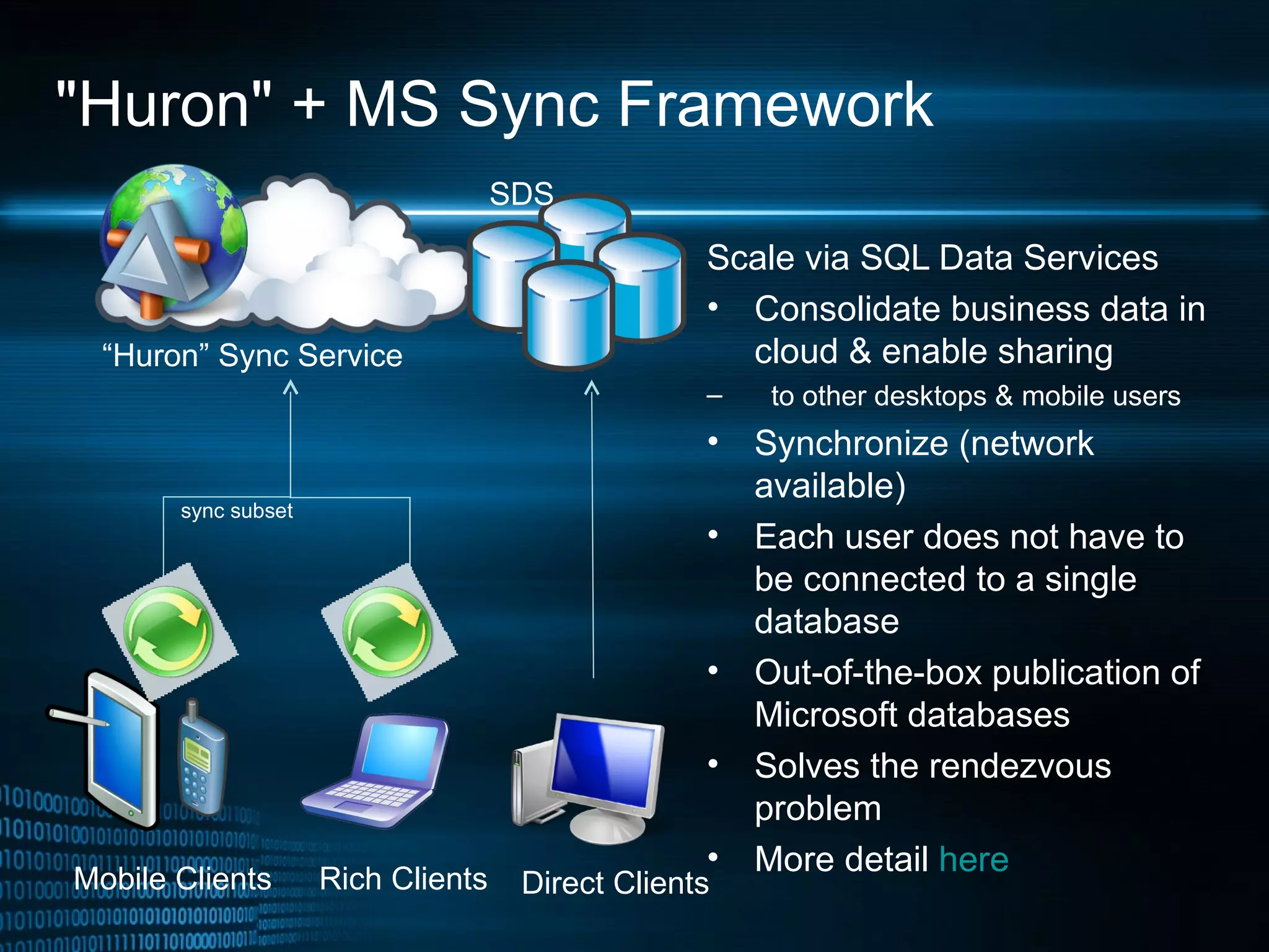 &quot;Huron&quot; + MS Sync Framework Scale via SQL Data Services  Consolidate business data in cloud & enable sharing  to other desktops & mobile users Synchronize (network available) Each user does not have to be connected to a single database Out-of-the-box publication of Microsoft databases Solves the rendezvous problem More detail  here Mobile Clients Rich Clients “ Huron” Sync Service SDS  Direct Clients sync   subset 