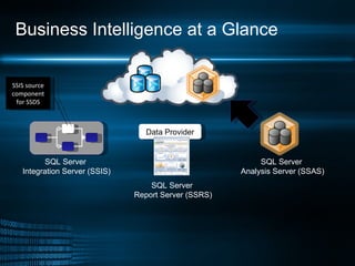 Business Intelligence at a Glance SQL Server  Analysis Server (SSAS) SQL Server  Integration Server (SSIS) SSIS source component for SSDS Data Provider SQL Server  Report Server (SSRS) 