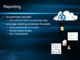 Reporting On-premises provider Can pull from SDS & on-premises data Leverage existing processes & assets Uses existing tools & run-time Flexible Report Builder Rich Visualizations 
