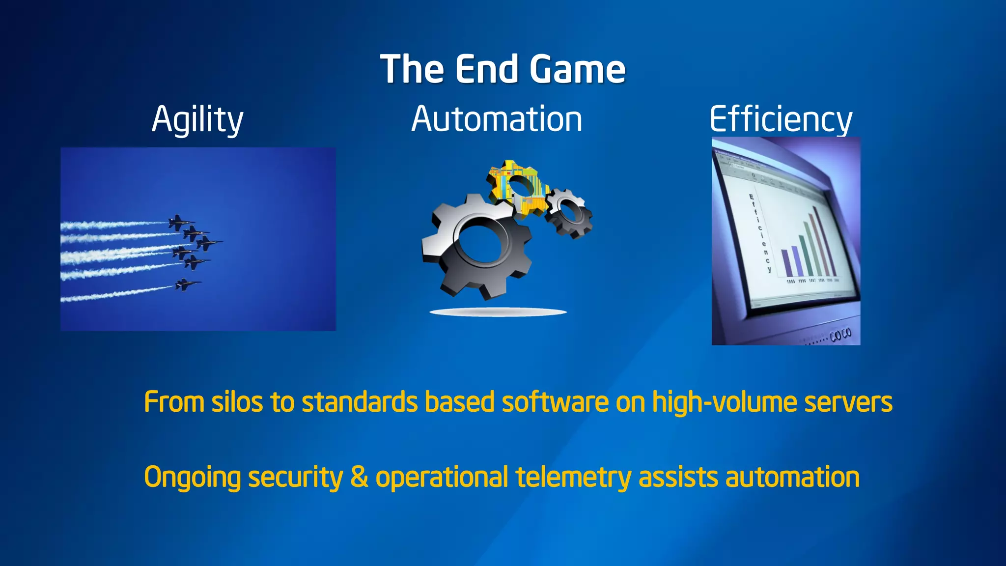 The End Game
Agility Automation Efficiency
From silos to standards based software on high-volume servers
Ongoing security & operational telemetry assists automation
 