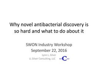 Why novel antibacterial discovery is
so hard and what to do about it
SWON Industry Workshop
September 22, 2016
Lynn L. Silver
LL Silver Consulting, LLC
 