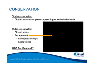 CONSERVATION
  Stock conservation
     Closed seasons to protect spawning or soft-shelled crab



  Wider conservation
    Closed areas
    Escapement
        Biodegradable clips
        Escape gaps

   MSC Certification??



supporting the seafood industry for a sustainable, profitable future
 