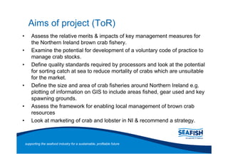 Aims of project (ToR)
    Assess the relative merits & impacts of key management measures for
    the Northern Ireland brown crab fishery.
    Examine the potential for development of a voluntary code of practice to
    manage crab stocks.
    Define quality standards required by processors and look at the potential
    for sorting catch at sea to reduce mortality of crabs which are unsuitable
    for the market.
    Define the size and area of crab fisheries around Northern Ireland e.g.
    plotting of information on GIS to include areas fished, gear used and key
    spawning grounds.
    Assess the framework for enabling local management of brown crab
    resources
    Look at marketing of crab and lobster in NI & recommend a strategy.



supporting the seafood industry for a sustainable, profitable future
 