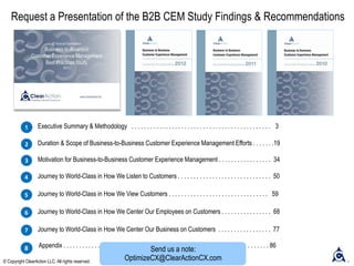 Motivation for Business-to-Business Customer Experience Management . . . . . . . . . . . . . . . . . 34
Journey to World-Class in How We Listen to Customers . . . . . . . . . . . . . . . . . . . . . . . . . . . . . . 50
Journey to World-Class in How We View Customers . . . . . . . . . . . . . . . . . . . . . . . . . . . . . . . . 59
Journey to World-Class in How We Center Our Employees on Customers . . . . . . . . . . . . . . . . 68
Journey to World-Class in How We Center Our Business on Customers . . . . . . . . . . . . . . . . . 77
Executive Summary & Methodology . . . . . . . . . . . . . . . . . . . . . . . . . . . . . . . . . . . . . . . . . . . . . 3
Duration & Scope of Business-to-Business Customer Experience Management Efforts . . . . . . .19
Appendix . . . . . . . . . . . . . . . . . . . . . . . . . . . . . . . . . . . . . . . . . . . . . . . . . . . . . . . . . . . . . . . . . . 86
Request a Presentation of the B2B CEM Study Findings & Recommendations
Send us a note:
OptimizeCX@ClearActionCX.com© Copyright ClearAction LLC. All rights reserved.
 