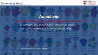 Lynn CS4029 Lecture 5Lynn CS4029 Lecture 5
Expressing Sound
Lynn CS4029 Lecture 5
Adjectives
A curated and meaningful* collection of 3-5
words that sum up a brand’s personality
*extension of the brand values
 
