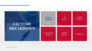 Creative
Thinking
Ad
Review
Commercial
Break
Lecture
(Part 2)
Lynn CS4029 Lecture 5
Lecture
(Part 1)
Creative
Thinking
LECTURE
BREAKDOWN
Wrap-Up
 