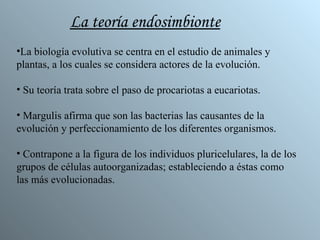 La teoría endosimbionte La biología evolutiva se centra en el estudio de animales y plantas, a los cuales se considera actores de la evolución. Su teoría trata sobre el paso de procariotas a eucariotas. Margulis afirma que son las bacterias las causantes de la evolución y perfeccionamiento de los diferentes organismos. Contrapone a la figura de los individuos pluricelulares, la de los grupos de células autoorganizadas; estableciendo a éstas como las más evolucionadas. 