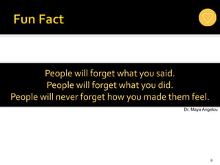 6
People will forget what you said.
People will forget what you did.
People will never forget how you made them feel.
Dr. Maya Angelou
 