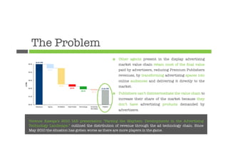 The Problem
                                               ¤    Other agents present in the display advertising
                                                     market value chain retain most of the ﬁnal value
                                                     paid by advertisers, reducing Premium Publishers
                                                     revenues, by transforming advertising spaces into
                                                     online audiences and delivering it directly to the
                                                     market.
                                               ¤    Publishers can’t disintermediate the value chain to
                                                     increase their share of the market because they
                                                     don’t have advertising products demanded by
                                                     advertisers.


Terence Kawaja’s 2010 IAB presentation "Parsing the Mayhem: Developments in the Advertising
Technology Landscape.” outlined the distribution of revenue through the ad technology chain. Since
May 2010 the situation has gotten worse as there are more players in the game.
 