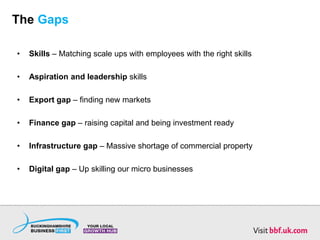 The Gaps
• Skills – Matching scale ups with employees with the right skills
• Aspiration and leadership skills
• Export gap – finding new markets
• Finance gap – raising capital and being investment ready
• Infrastructure gap – Massive shortage of commercial property
• Digital gap – Up skilling our micro businesses
 