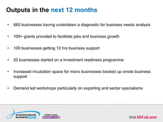 Outputs in the next 12 months
• 660 businesses having undertaken a diagnostic for business needs analysis
• 100+ grants provided to facilitate jobs and business growth
• 100 businesses getting 12 hrs business support
• 20 businesses started on a investment readiness programme
• Increased incubation space for micro businesses backed up onsite business
support
• Demand led workshops particularly on exporting and sector specialisms
 