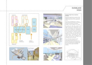 DUNBLANE
                                                                                                         HIGH

                                                                                 Dunblane High School, Dunblane,
KILBRYDE                    SHERIFFMUIR
                                                                                 Scotland.
                                                                                 Dunblane High School w as part of the
                                                                                 Stirling Schools PPP Project. I t w as built
                                                                                 w ithin the grounds of the existing high



                             Classrooms
 Classrooms




                                                                                 school.

                                                                    Games        The school w as designed to cater for
                                                                     Hall        approximately 950 students and 80 staff
                                                                                 as w ell as containing community
               Social                     Social
               House                      House                                  facilities. I t had a budget of £16 million.
               Space                      Space                                  The layout for the new school w as
                                                                                 based around the requirement for a
                                                                                 main ‘social space’ at the heart of the



                                                        Reception
                                                                     Sports      school and to reflect the management
                                             Library
              Social Space/Dining                                   Facilities   structure and adjacency requirements
                                                                                 set by the council. The school required
                                                                                 to be organized for pastoral purposes,
                                                                                 as three ‘houses’. For this reason the
               Social                                                            design w as conceiv ed w ith the central
               House                                                             ‘social space’ connecting the three
               Space                                                             ‘house’ w ings w ith an additional P.E
 Classrooms




                                                                                 w ing w hich w ould also be used in the
                                                                                 ev enings by the community.
                                                                                 The ‘community’ elements of the
                                                                                 school such as the library and
                        STUDENT                      VISITOR                     dance/fitness studio w ere located at
                        ENTRANCE                     ENTRANCE                    the main façade of the building w here
                                                                                 they w ere articulated to engage w ith
                                                                                 the user as they approached the
RAMOYLE
                                                                                 building.



                                                   FLat Project
 