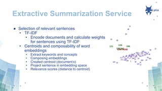 Abstractive Summarization Service
● Based on Neural Networks
and Transformer encoders
 