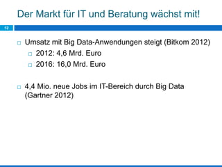 Der Markt für IT und Beratung wächst mit!
12
 Umsatz mit Big Data-Anwendungen steigt (Bitkom 2012)
 2012: 4,6 Mrd. Euro
 2016: 16,0 Mrd. Euro
 4,4 Mio. neue Jobs im IT-Bereich durch Big Data
(Gartner 2012)
 