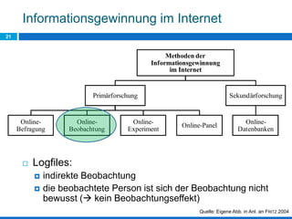 Informationsgewinnung im Internet
21
 Logfiles:
 indirekte Beobachtung
 die beobachtete Person ist sich der Beobachtung nicht
bewusst ( kein Beobachtungseffekt)
Methoden der
Informationsgewinnung
im Internet
Primärforschung
Online-
Befragung
Online-
Beobachtung
Online-
Experiment
Online-Panel
Sekundärforschung
Online-
Datenbanken
Quelle: Eigene Abb. in Anl. an FRITZ 2004
 