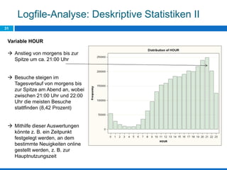 Logfile-Analyse: Deskriptive Statistiken II
31
Variable HOUR
 Anstieg von morgens bis zur
Spitze um ca. 21:00 Uhr
 Besuche steigen im
Tagesverlauf von morgens bis
zur Spitze am Abend an, wobei
zwischen 21:00 Uhr und 22:00
Uhr die meisten Besuche
stattfinden (8,42 Prozent)
 Mithilfe dieser Auswertungen
könnte z. B. ein Zeitpunkt
festgelegt werden, an dem
bestimmte Neuigkeiten online
gestellt werden, z. B. zur
Hauptnutzungszeit
 