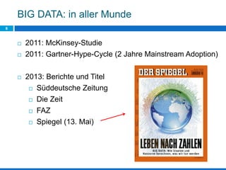 BIG DATA: in aller Munde
6
 2011: McKinsey-Studie
 2011: Gartner-Hype-Cycle (2 Jahre Mainstream Adoption)
 2013: Berichte und Titel
 Süddeutsche Zeitung
 Die Zeit
 FAZ
 Spiegel (13. Mai)
 