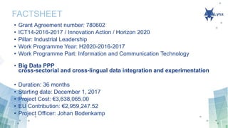 FACTSHEET
• Grant Agreement number: 780602
• ICT14-2016-2017 / Innovation Action / Horizon 2020
• Pillar: Industrial Leadership
• Work Programme Year: H2020-2016-2017
• Work Programme Part: Information and Communication Technology
• Big Data PPP
cross-sectorial and cross-lingual data integration and experimentation
• Duration: 36 months
• Starting date: December 1, 2017
• Project Cost: €3,638,065.00
• EU Contribution: €2,959,247.52
• Project Officer: Johan Bodenkamp
 