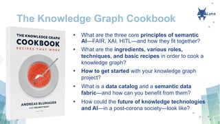 The Knowledge Graph Cookbook
▸ What are the three core principles of semantic
AI—FAIR, XAI, HITL—and how they fit together?
▸ What are the ingredients, various roles,
techniques, and basic recipes in order to cook a
knowledge graph?
▸ How to get started with your knowledge graph
project?
▸ What is a data catalog and a semantic data
fabric—and how can you benefit from them?
▸ How could the future of knowledge technologies
and AI—in a post-corona society—look like?
 