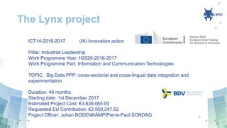The Lynx project
ICT14-2016-2017 (IA) Innovation action
Pillar: Industrial Leadership
Work Programme Year: H2020-2016-2017
Work Programme Part: Information and Communication Technologies
TOPIC : Big Data PPP: cross-sectorial and cross-lingual data integration and
experimentation
Duration: 40 months
Starting date: 1st December 2017
Estimated Project Cost: €3,638,065.00
Requested EU Contribution: €2,959,247.52
Project Officer: Johan BODENKAMP/Pierre-Paul SONDAG
 