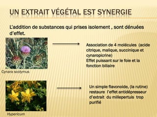 UN EXTRAIT VÉGÉTAL EST SYNERGIE
L’addition de substances qui prises isolement , sont dénuées
d’effet.
Cynara scolymus
Association de 4 molécules (acide
citrique, malique, succinique et
cynaropicrine)
Effet puissant sur le foie et la
fonction biliaire
Hypericum
Un simple flavonoide, (la rutine)
restaure l’effet antidépresseur
d’extrait du millepertuis trop
purifié
 