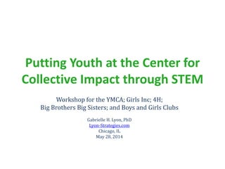 Putting Youth at the Center for
Collective Impact through STEM
Workshop for the YMCA; Girls Inc; 4H;
Big Brothers Big Sisters; and Boys and Girls Clubs
Gabrielle H. Lyon, PhD
Lyon-Strategies.com
Chicago, IL
May 28, 2014
 