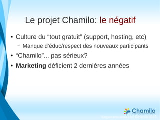 Le projet Chamilo: le négatif
● Culture du “tout gratuit” (support, hosting, etc)
– Manque d’éduc/respect des nouveaux participants
● “Chamilo”... pas sérieux?
● Marketing déficient 2 dernières années
Según encuesta Uni Ginebra 2015
 