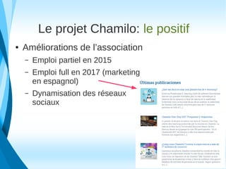 Le projet Chamilo: le positif
● Améliorations de l’association
– Emploi partiel en 2015
– Emploi full en 2017 (marketing
en espagnol)
– Dynamisation des réseaux
sociaux
 