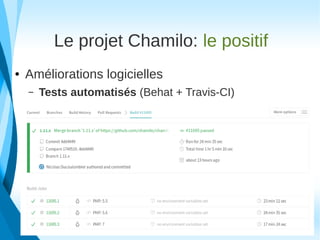 Le projet Chamilo: le positif
● Améliorations logicielles
– Tests automatisés (Behat + Travis-CI)
 