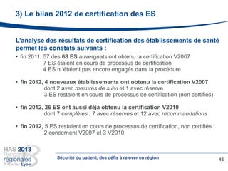 3) Le bilan 2012 de certification des ES
46
L’analyse des résultats de certification des établissements de santé
permet les constats suivants :
• fin 2011, 57 des 68 ES auvergnats ont obtenu la certification V2007
7 ES étaient en cours de processus de certification
4 ES n ’étaient pas encore engagés dans la procédure
• fin 2012, 4 nouveaux établissements ont obtenu la certification V2007
dont 2 avec mesures de suivi et 1 avec réserve
3 ES restaient en cours de processus de certification (non certifiés)
• fin 2012, 26 ES ont aussi déjà obtenu la certification V2010
dont 7 complètes ; 7 avec réserves et 12 avec recommandations
• fin 2012, 5 ES restaient en cours de processus de certification, non certifiés :
2 concernent V2007 et 3 V2010
Sécurité du patient, des défis à relever en région
 