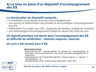 La structuration du dispositif comporte :
• la constitution d’une équipe technique d’accompagnement
• une réunion de détermination des priorités et de la stratégie d’accompagnement
d’un ES
• l’élaboration d’un projet pour l’ES : diagnostic de situation, programme d’actions
• une méthodologie d’accompagnement mettant en œuvre des outils de suivi.
Un objectif prioritaire est donné dans l’accompagnement des ES
en difficulté de certification : réserves majeures, réserves.
Un suivi a été conduit pour 6 ES.
49Sécurité du patient, des défis à relever en région
4) La mise en place d’un dispositif d’accompagnement
des ES
RETEX SUIVI D’UN ES
• Décision HAS juin 2011 : réserves majeures : 10 ; réserves : 20 ; recommandations : 16
• Action ARS : 5 réunions de travail dont 1 avec la HAS, suivi continu de septembre 2011 à
octobre 2012
• Autoévaluation de l’ ES et constat ARS juillet 2012 : réserves majeures : 0 ; réserves : 7 ;
recommandations : 18
• Nouvelles décisions HAS - en attente phase d’observation - février 2013
 