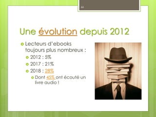 Une évolution depuis 2012
 Lecteurs d’ebooks
toujours plus nombreux :
 2012 : 5%
 2017 : 21%
 2018 : 28%
 Dont 45% ont écouté un
livre audio !
66
 